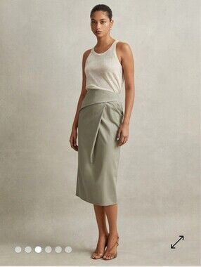 NWT Reiss Women's NadiaCotton Blend Wrap Front Midi Skirt in Khaki Sz 6 $225